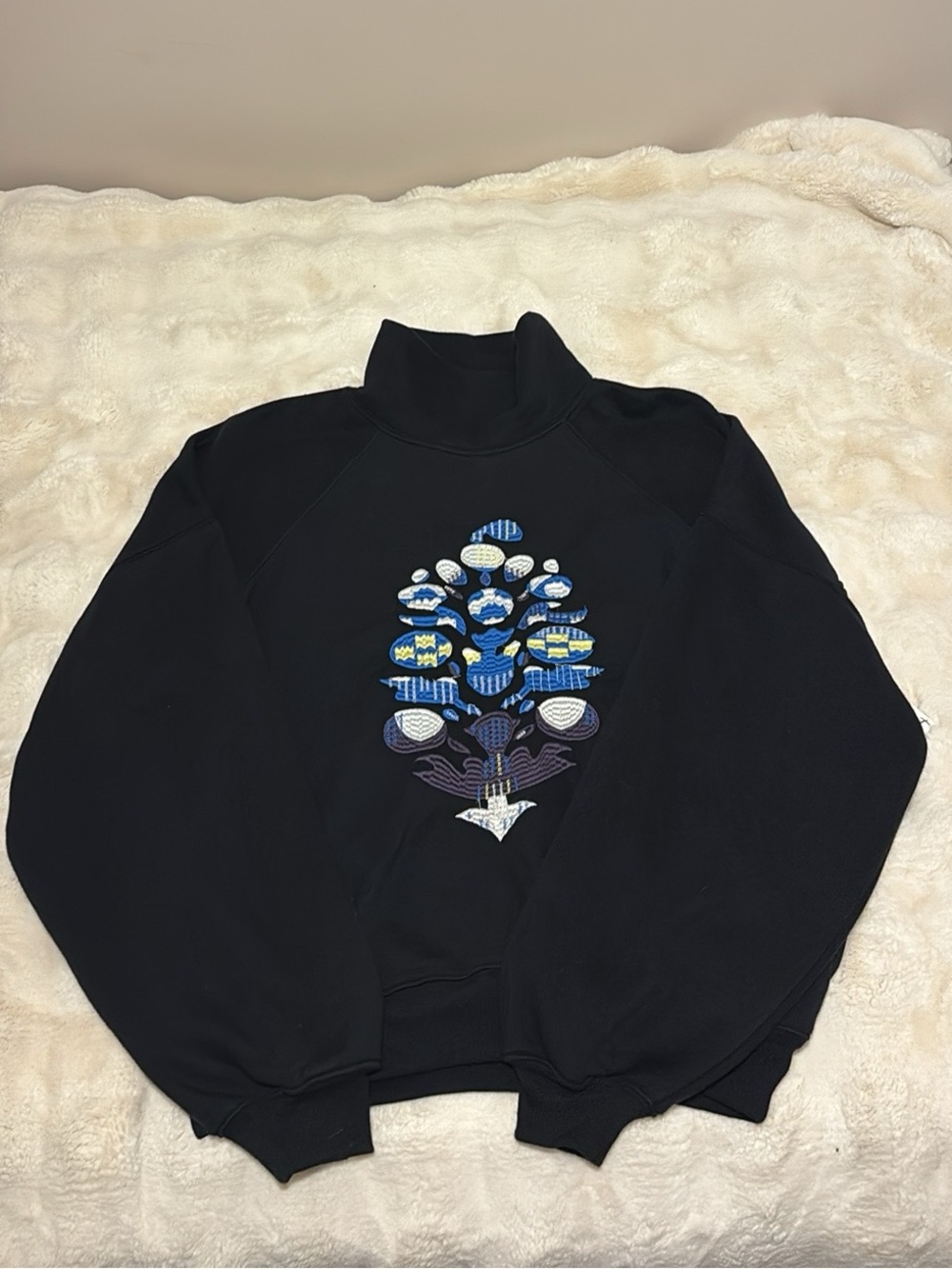 Free People Black Turtleneck Sweatshirt with Blue & Purple Embroidery